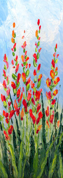 Oil Painting. Red Flowers In A Flower Bed