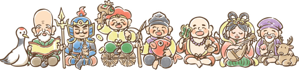 ゆるくてかわいい七福神のイラストセット　横並び