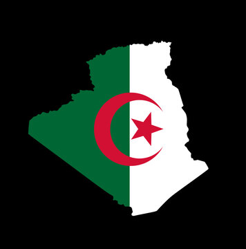 Algeria flag map vector illustration isolated. National symbol of country in Northern Africa. Half moon and star coat of arms represents Islamic and Arab people. Algeria map emblem coat of arms sign.