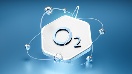 oxygen symbol o2 on a hexagon with orbits, floating atoms and electrons, 3d image
