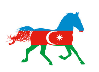 Azerbaijan flag over elegant racing horse in gallop vector silhouette illustration isolated on white background. Country in Asia emblem. Riding horse, National animal of Azerbaijan