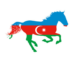 Azerbaijan flag over elegant racing horse in gallop vector silhouette illustration isolated on white background. Country in Asia emblem. Riding horse, National animal of Azerbaijan