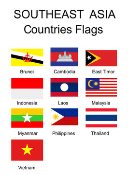 Southest Asia countries flags. Asian Economic community members flag set vector illustration isolated. Association of Southeast Asian Nations ASEAN as a single market and product base. AEC symbol.
