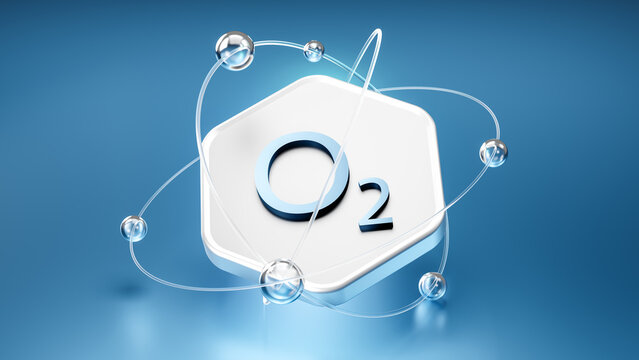 oxygen symbol o2 on a hexagon with orbits, floating atoms and electrons, 3d image
