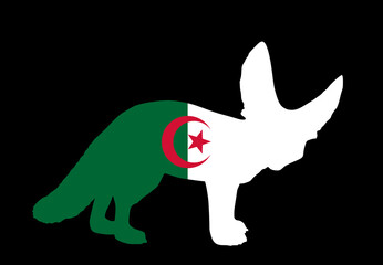 Algeria flag over Fennec fox national animal symbol vector silhouette illustration isolated on black background. Desert fox national patriotic emblem of Algeria. North Africa country invite souvenir.