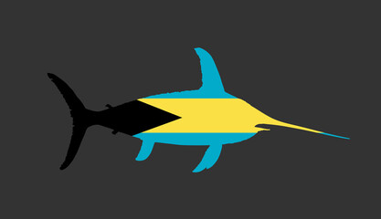 Bahamas flag over swordfish vector silhouette illustration isolated on black background. Bahamas flag over blue Marlin fish national animal banner symbol. Patriotic emblem of paradise America islands.