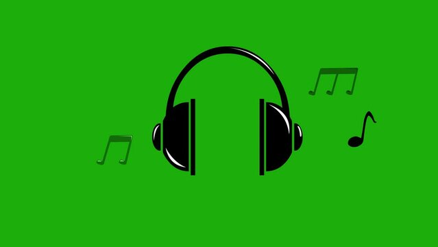 animation of headphone icon with musical notes, in concept of listening to music. On a green chrome key background