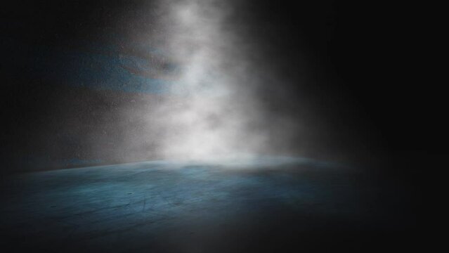 Suelo de hormig&oacute;n y iluminacion de focos. Escena interior con humo y niebla. Fondo de suelo de cemento en cuarto oscuro.
