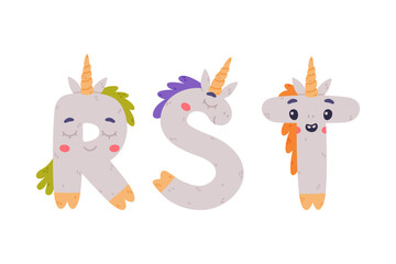 Unicorn Cute Alphabet Letter with Smiling Face and Twisted Horn Vector Set