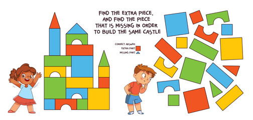 Find the extra piece, and find the piece that is missing in order to build the same castle. Educational game for children. Colorful cartoon characters. Funny vector illustration. Isolated on white - obrazy, fototapety, plakaty
