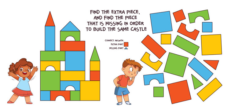 Find the extra piece, and find the piece that is missing in order to build the same castle. Educational game for children. Colorful cartoon characters. Funny vector illustration. Isolated on white