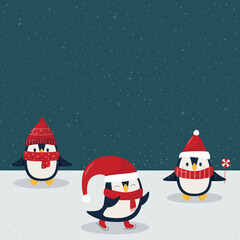Three winter pinguins on dark nigth background. Pinguins in red christmas hats on snow. Flat style vector.
