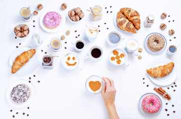 Set of  cups of coffee with donuts, croissants, gift, hearts