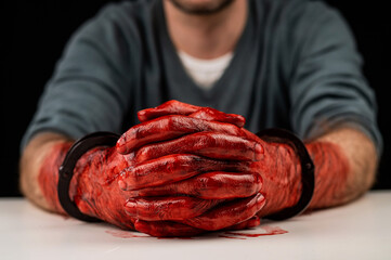 Portrait of a man with bloody handcuffed hands folded on a white table.