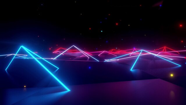 Neon linear lamps with gradient glow of red-blue color over a low poly surface onto which luminous multi-colored balls fall. Abstract dark creative background with neon light. Neon lamps