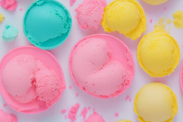 various flavors of ice cream scoops on white background