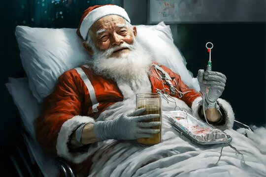 Severely ill Santa Claus probably from Covid-22 or other fictitious disease. lying on a hospital bed in the intensive care unit with big smile and hope. No Santa this year. Generative AI illustration