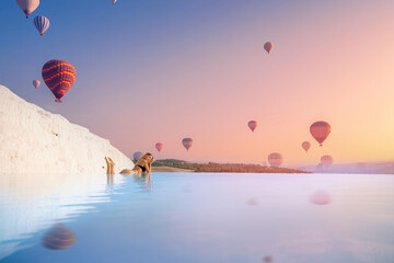 Tourist beauty woman in swimsuit background travertine pools blue water with hot air balloon...