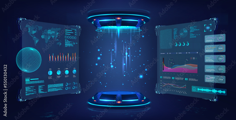 Poster futuristic lab with 3d hologram podium for presentation product. futuristic 3d capsule with hud inte