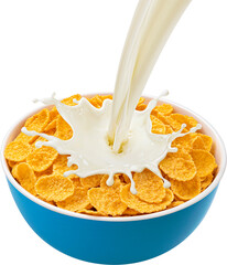 Corn flakes with milk splash isolated
