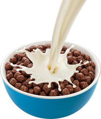 Chocolate corn ball flakes with milk splash isolated