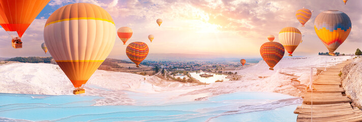 Natural travertine pool and terraces in Pamukkale with air balloon, travel Turkey banner