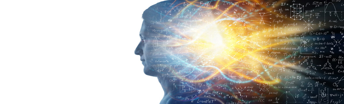 Human head isolated on white and moving lights in background with mathematical and physical formulas.. Concept on business, science, technology, education, indastrial etc.