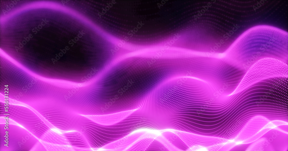 Poster abstract background of purple futuristic glowing waves from particles of points and lines of energy 