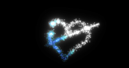 A heart from a flying comet salute love from particles and lines of luminous shiny gold on a black background for Valentine's Day. Abstract screensaver