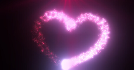 Fototapeta premium Purple pink heart love glowing shiny for valentine's day holiday from magic energy lines and particles on black background. Abstract background