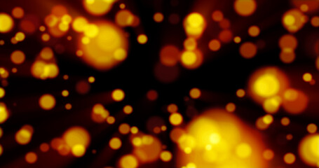 Beautiful festive bokeh effect, orange gold circles of light shining falling falling glowing christmas new year on black background. Abstract background. Screensaver
