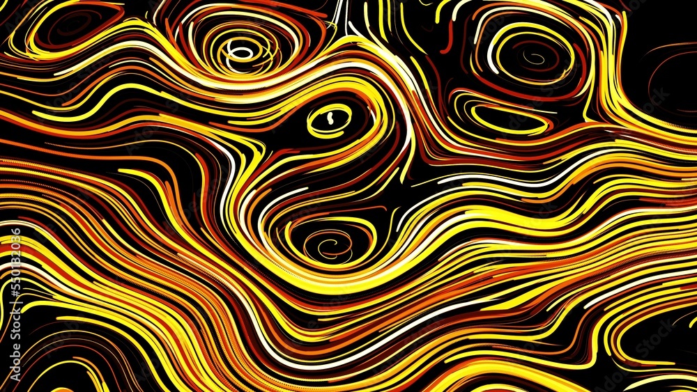 Poster abstract creative bg with curled lines like yellow trails on surface. lines form swirling pattern li