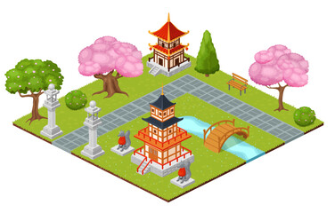 Japanese relaxing national area park, east asian temple walking green garden 3d isometric vector illustration, isolated on white.