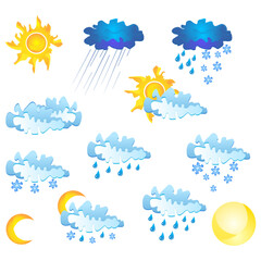 A set of icons for meteorologists, with icons for different weather conditions, sun, rain, cloudy, snow, hail, thunderstorm,