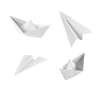 set of paper ship and paper plane isolated