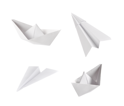 set of paper ship and paper plane isolated