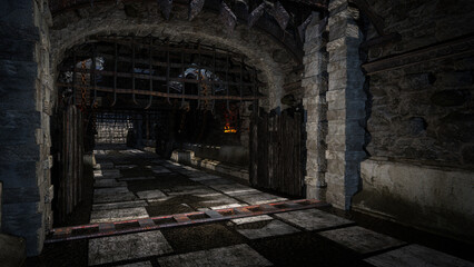 Dark moody medieval castle hallway with black iron gate. 3D illustration.