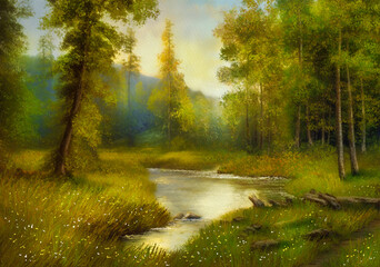 Fototapeta na wymiar Digital oil paintings summer landscape, fine art, artwork, landscape with lake and trees