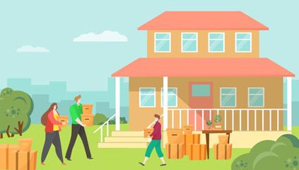Obraz na płótnie Canvas Young lovely family moving new country house, people character together carry stuff and carton box flat vector illustration.
