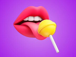 Cartoon sexy female lips and tongue licking yellow round sugar candy on stick. Beautiful mouth licking lollipop isolated on purple background. Vector illustration