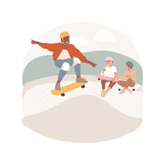 Skate park isolated cartoon vector illustration. Young skater teenage boy jumping with skateboard on ramp in skate park, sporty guy performing extreme tricks, active lifestyle vector cartoon.