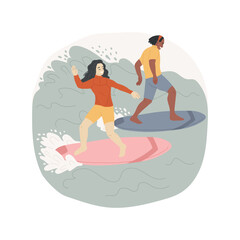 Fototapeta na wymiar Surfing isolated cartoon vector illustration. Group of happy teenagers surfing together, extreme summer sport, active lifestyle, leisure time together, having fun on beach vector cartoon.