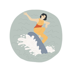 Skimboarding isolated cartoon vector illustration. Smiling teen girl enjoying skimboarding, making waves and having fun, extreme sport, summer time activity, getting adrenaline vector cartoon.