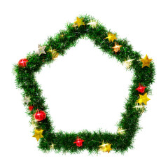 Fototapeta na wymiar Beautiful green christmas wreath pentagon frame with shiny stars and colorful orbs, on transparent background (RGBA 3D Rendering PNG)