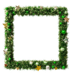 Beautiful icy green christmas wreath square frame with shiny stars and green orbs, on transparent background (RGBA 3D Rendering PNG)
