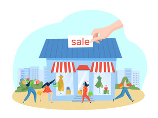 Group people queue shopping store, urban vogue clothes shop building boutique, clearance sale flat vector illustration, isolated on white.
