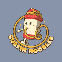 Cup noodles character surfing a noodle vector illustration. Food, logo, funny design concept.