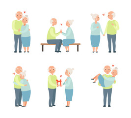 Obraz premium Loving Senior Couple Having Romantic Relations Holding Hands and Giving Gift Vector Set