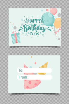 Vector Colorful Cute Small Happy Birthday Greeting Card With Empty Space For To From Names Text. Sign Label Card Tag For A Gift Box With Text Happy Birthday To You. Printable Template