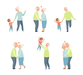 Fototapeta premium Loving Senior Couple Having Romantic Relations Holding Hands and Walking with Grandson Vector Set